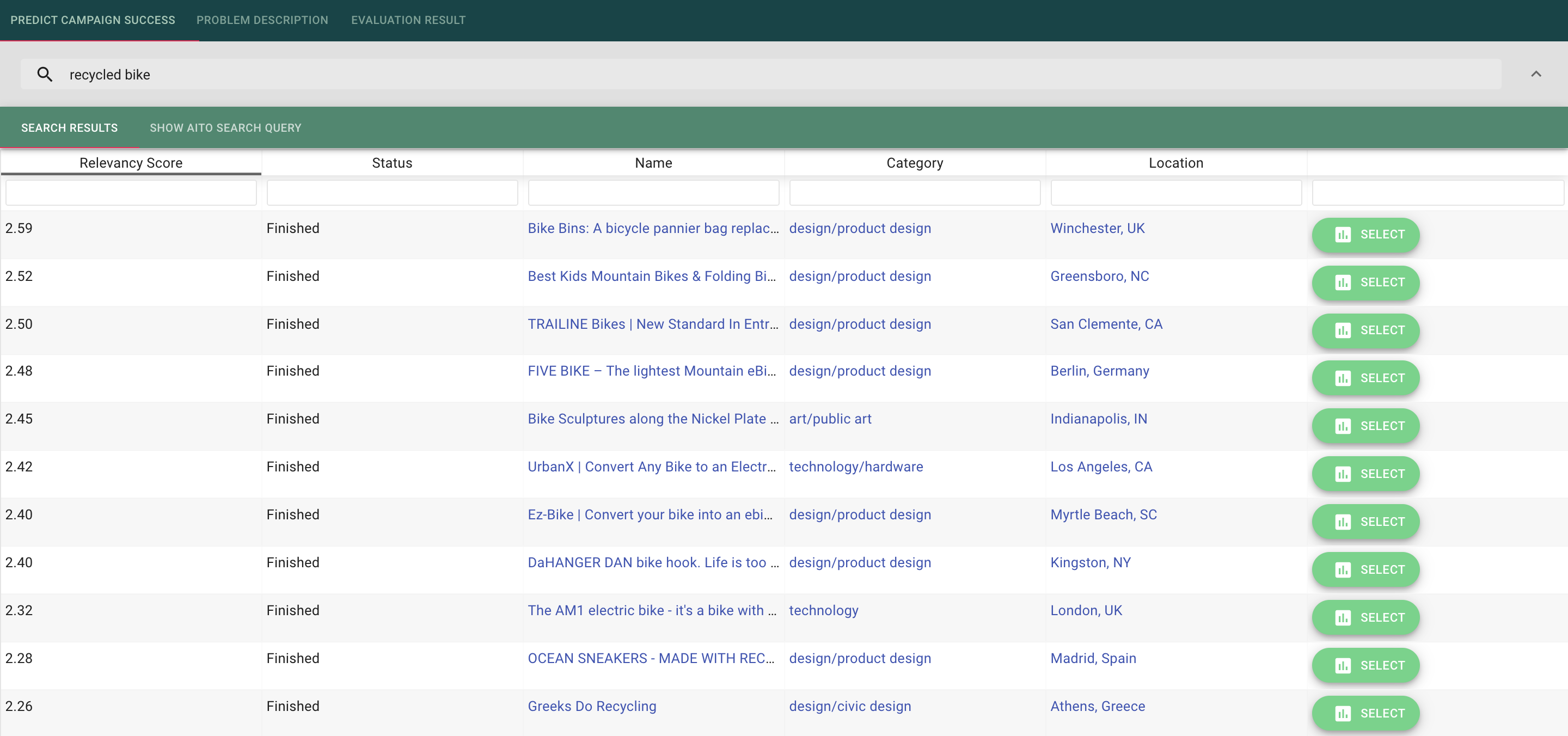 Searching a relevant project from past Kickstarter projects