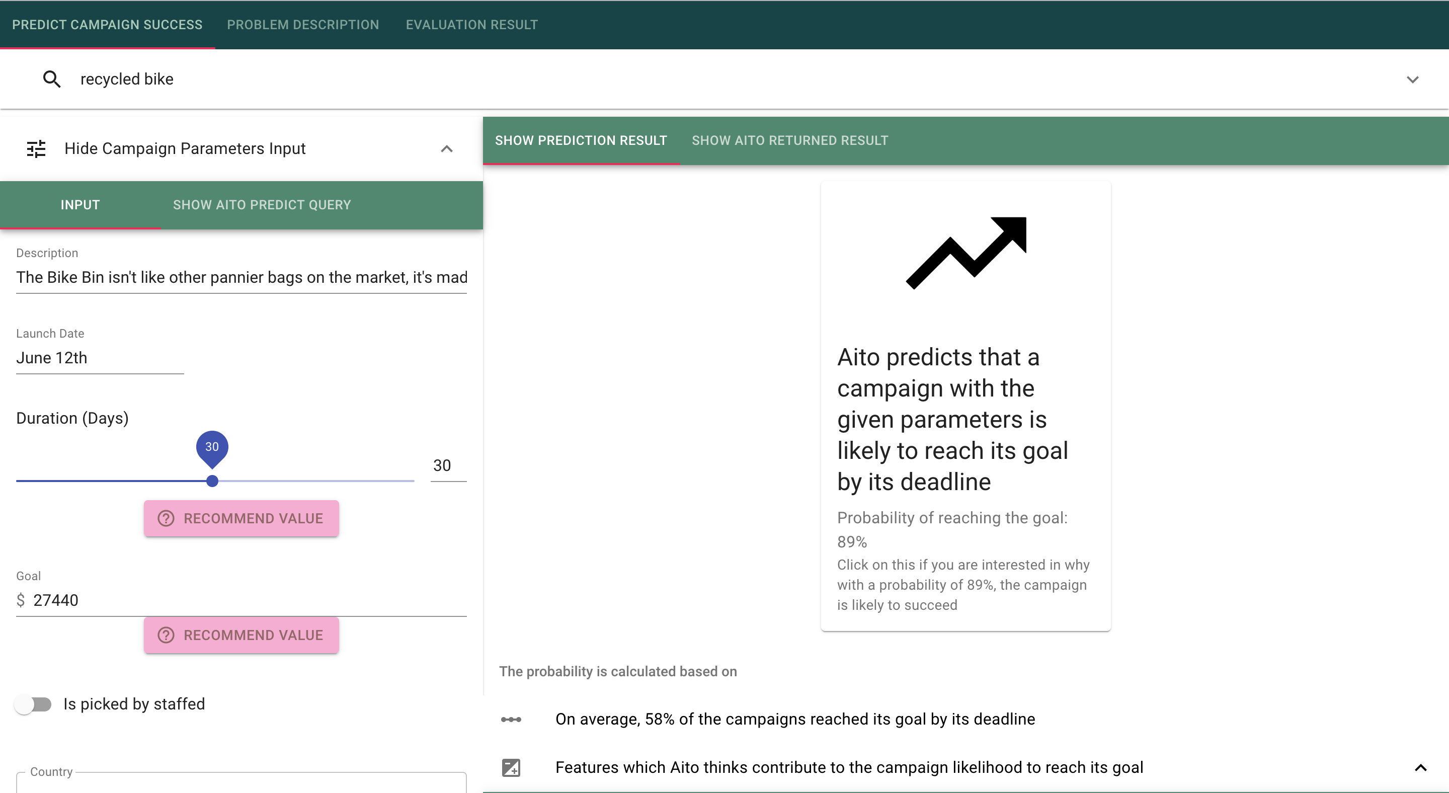 Overview of the project's parameters that are used as a basis for prediction