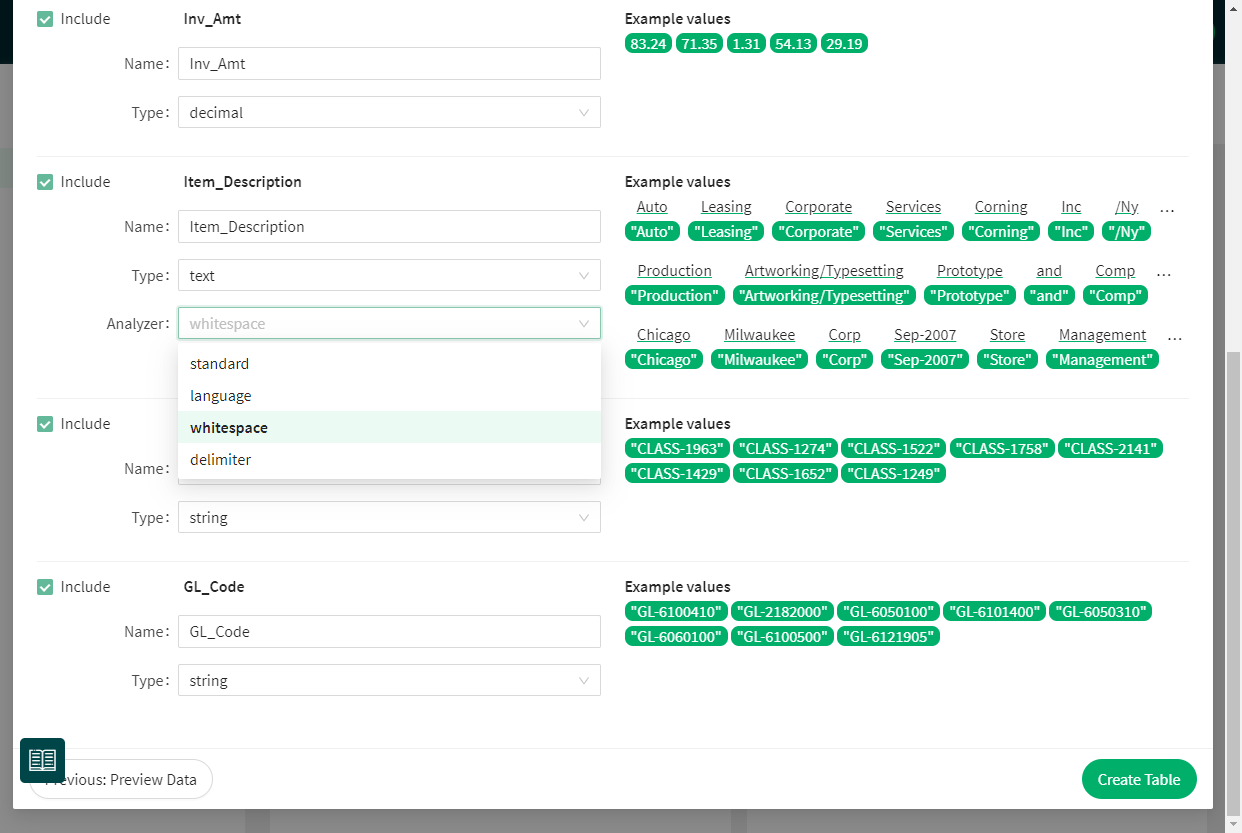 Screenshot: Edit column datatypes