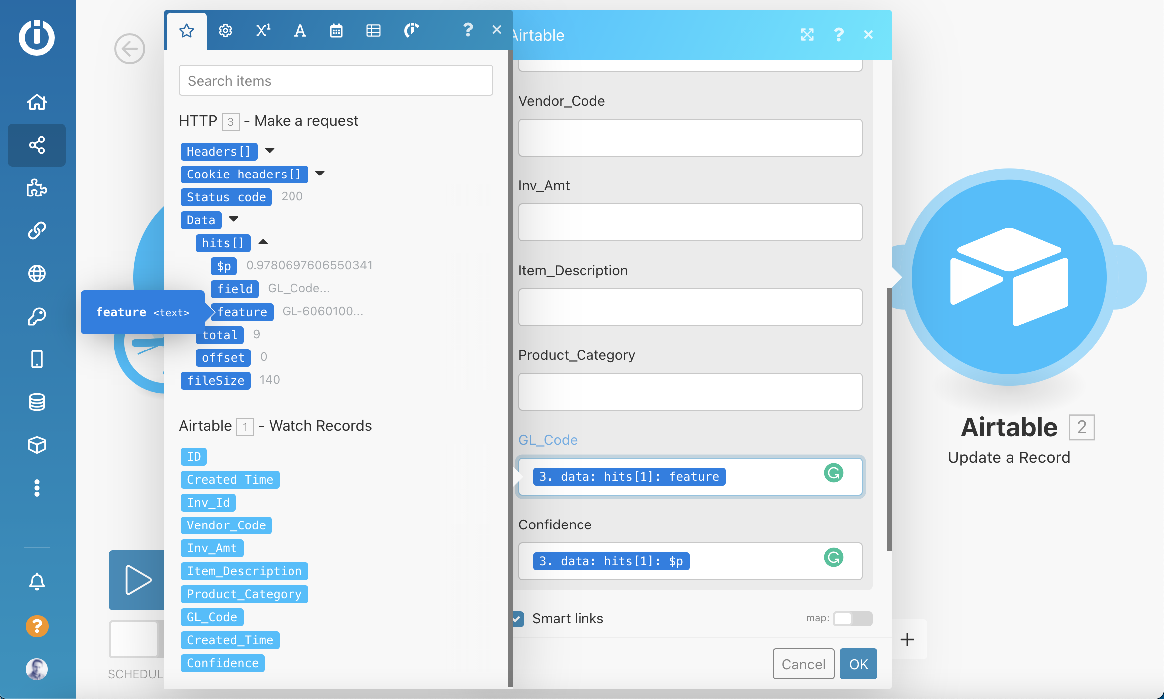 Setting up the Update records actvity in Integromat using Aito's results