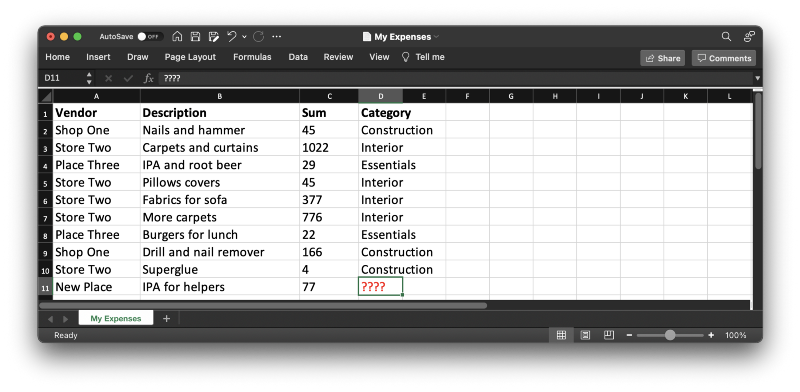 Picture of an excel sheet